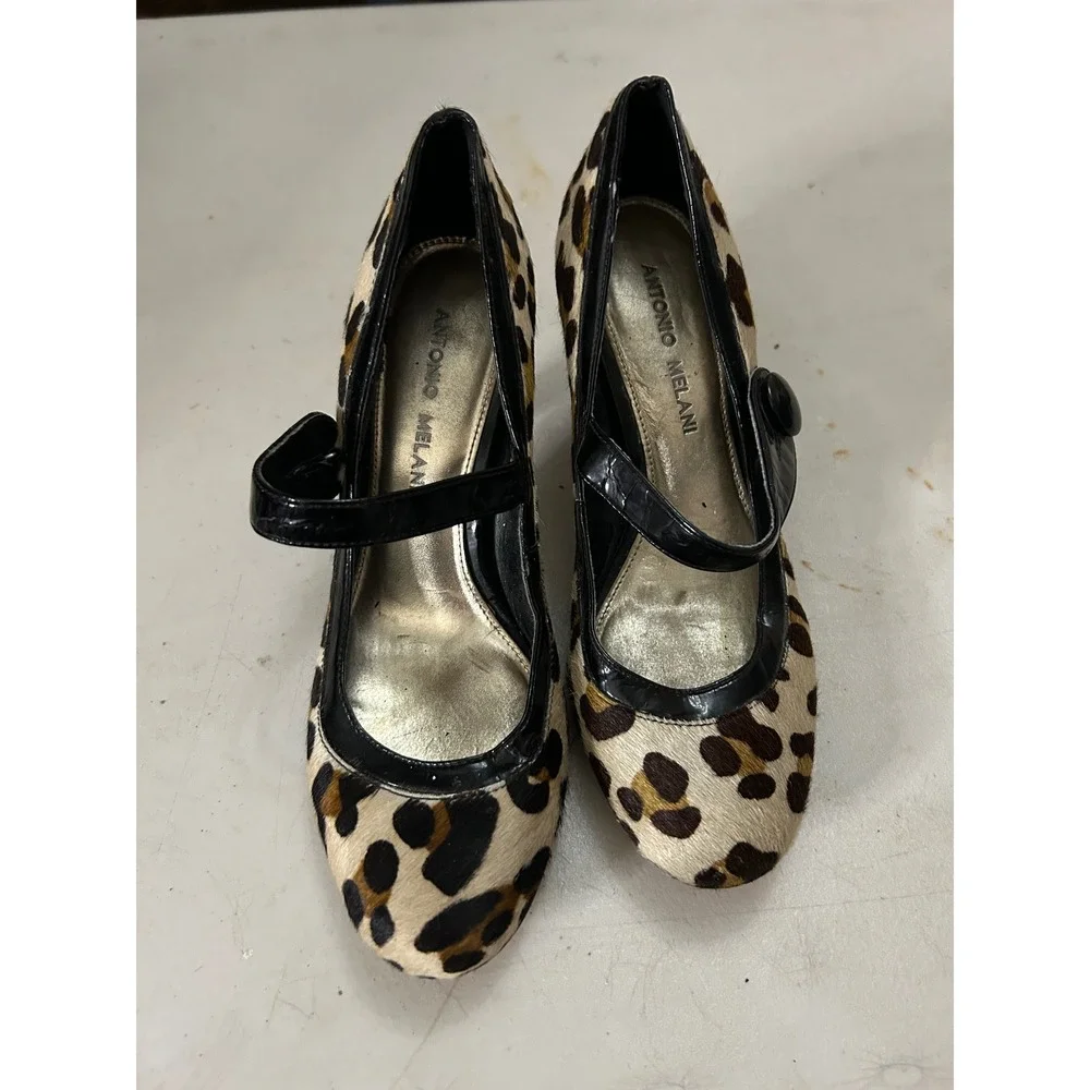 Antonio Melani Leopard Calf Hair Mary Jane Pumps Heels 6.5M Animal Print Leather